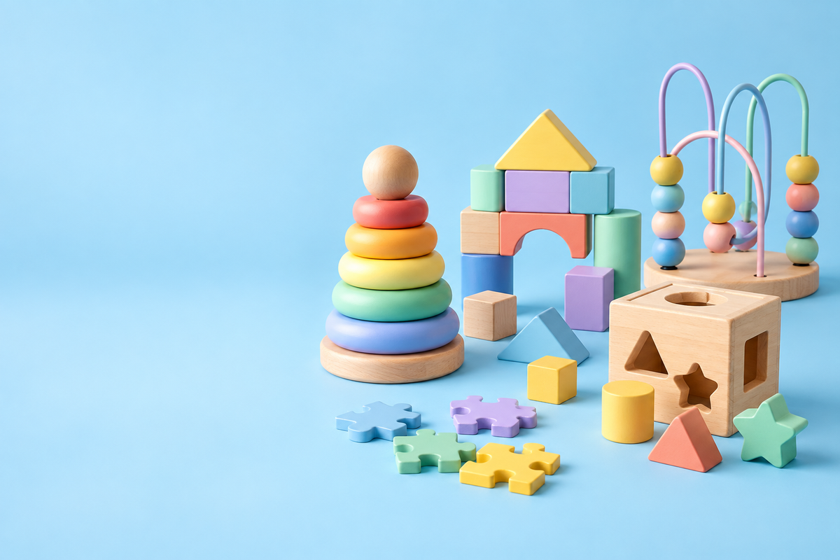 Colorful educational wooden toys on a bright sky-blue background